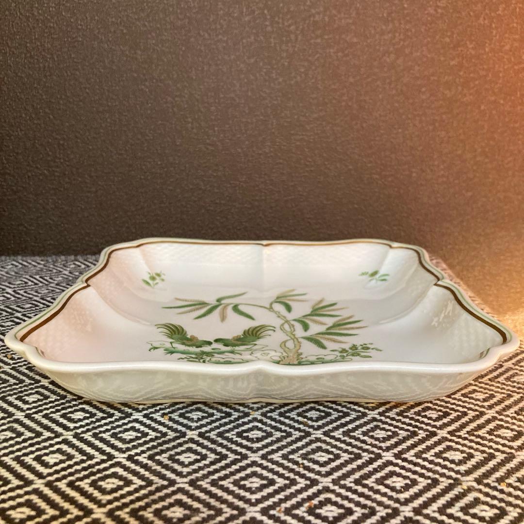 【希少】リチャードジノリ グリーンコック　スクエア　皿　金彩　花　四角　鳥