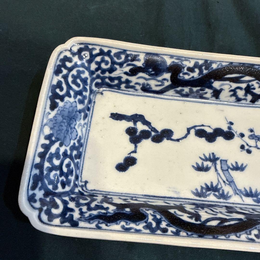 古伊万里　染付　蛸唐草　龍　長皿　江戸中期