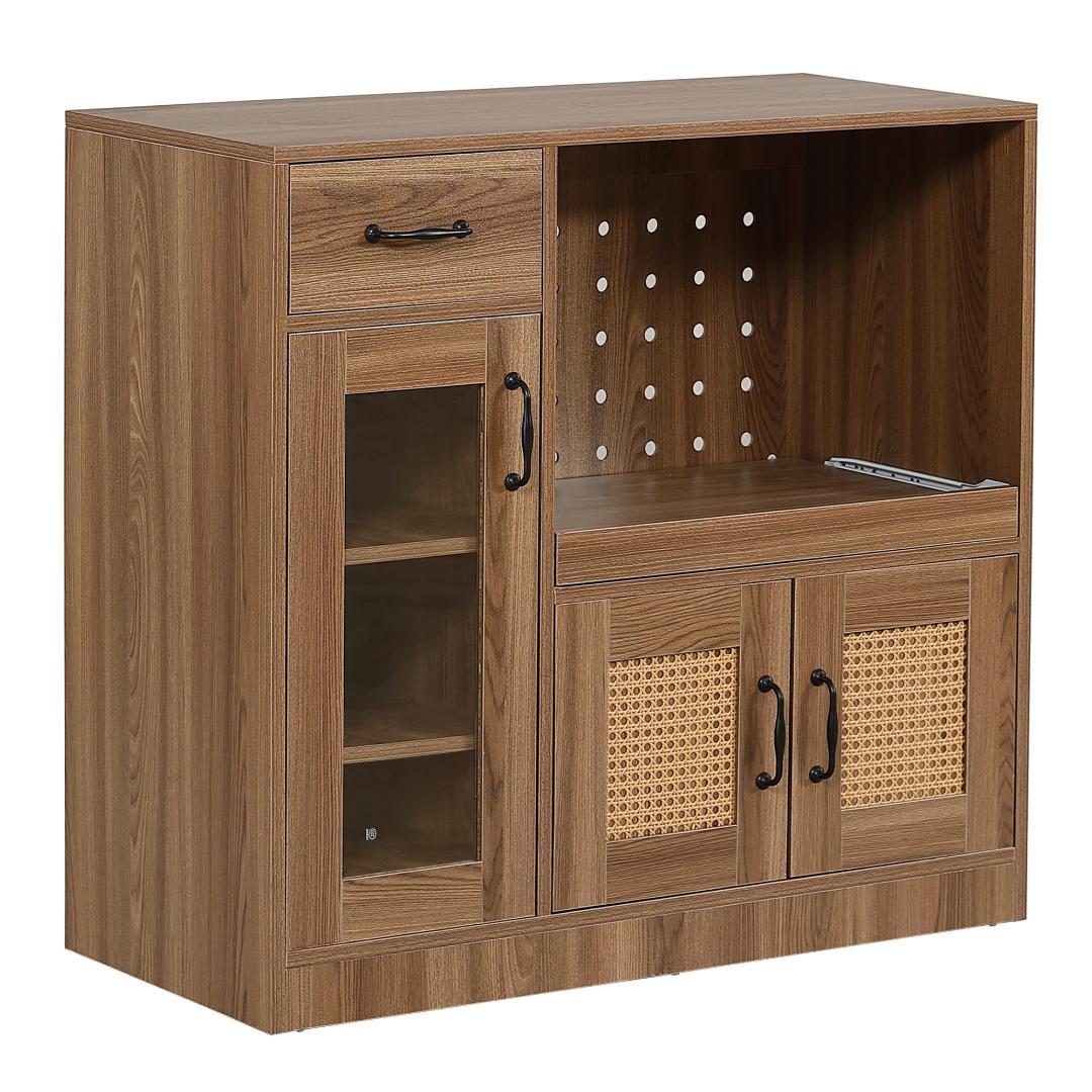 ラタン調キッチンカウンター　幅88cm　引き出し付き・扉付き　BROWN