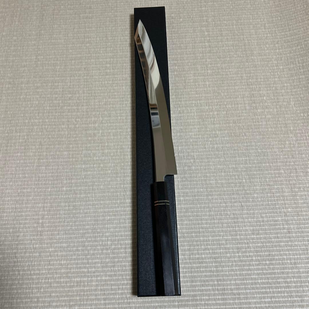 尺二　切り付け　鏡面　鬼反り　柳刃　包丁　和包丁　V金10号　本焼　黒檀八角柄