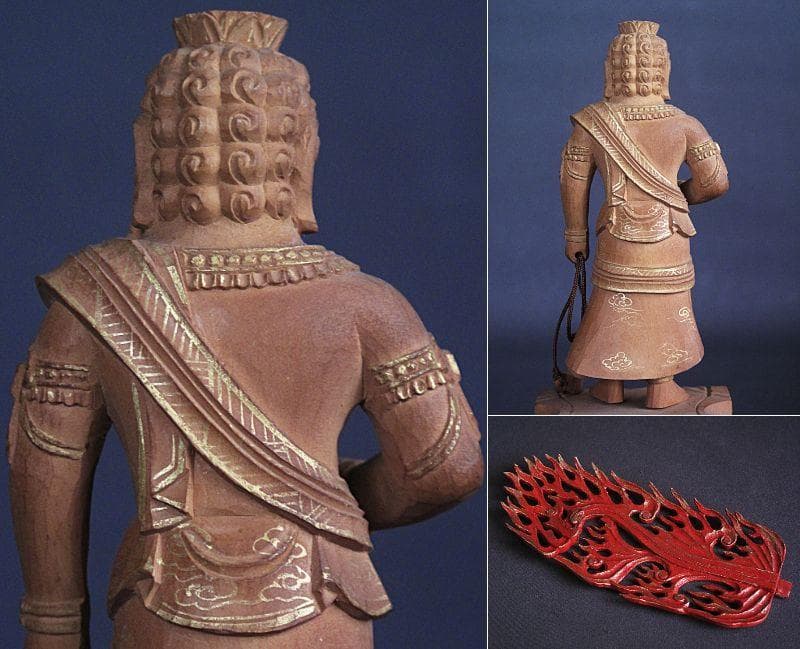 金泥淡彩色!!『木造 不動明王立像』総高25㎝ 像高13.6㎝