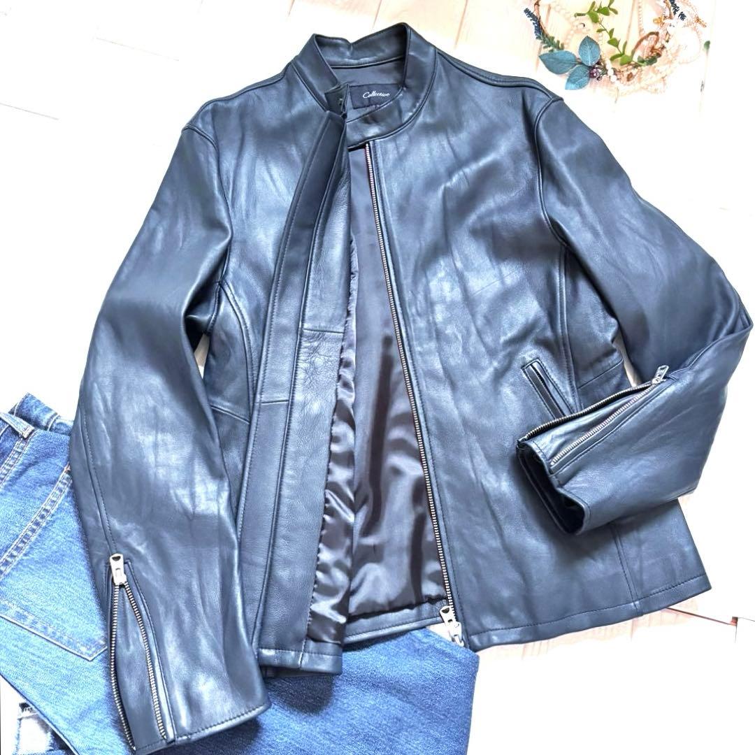 美品　レザージャケット　ライダース　メンズ　ビギ　ラムレザー　シングル　ネイビー