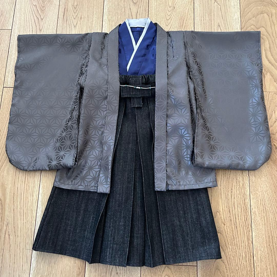 未使用品　3歳七五三　100㎝ハンドメイド羽織袴　ガンメタリック×藍色　七五三