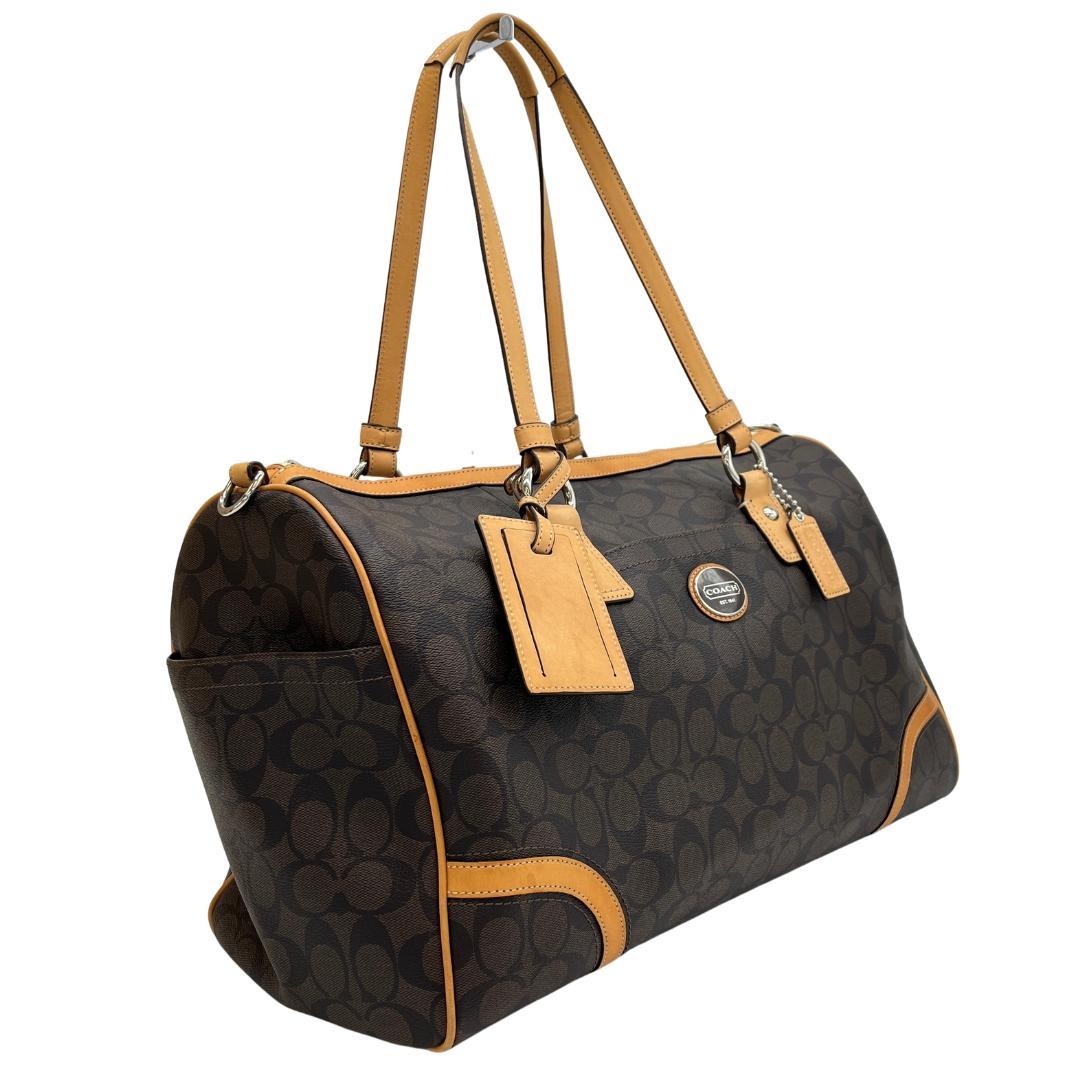 COACH シグネチャー柄 ボストンバッグ ブラウン×キャメル 大容量