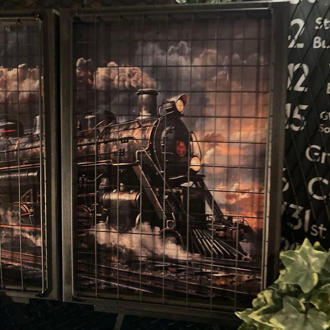 インダストリアル　アイアンフェンス付きウッドアートパネル　蒸気機関車SL