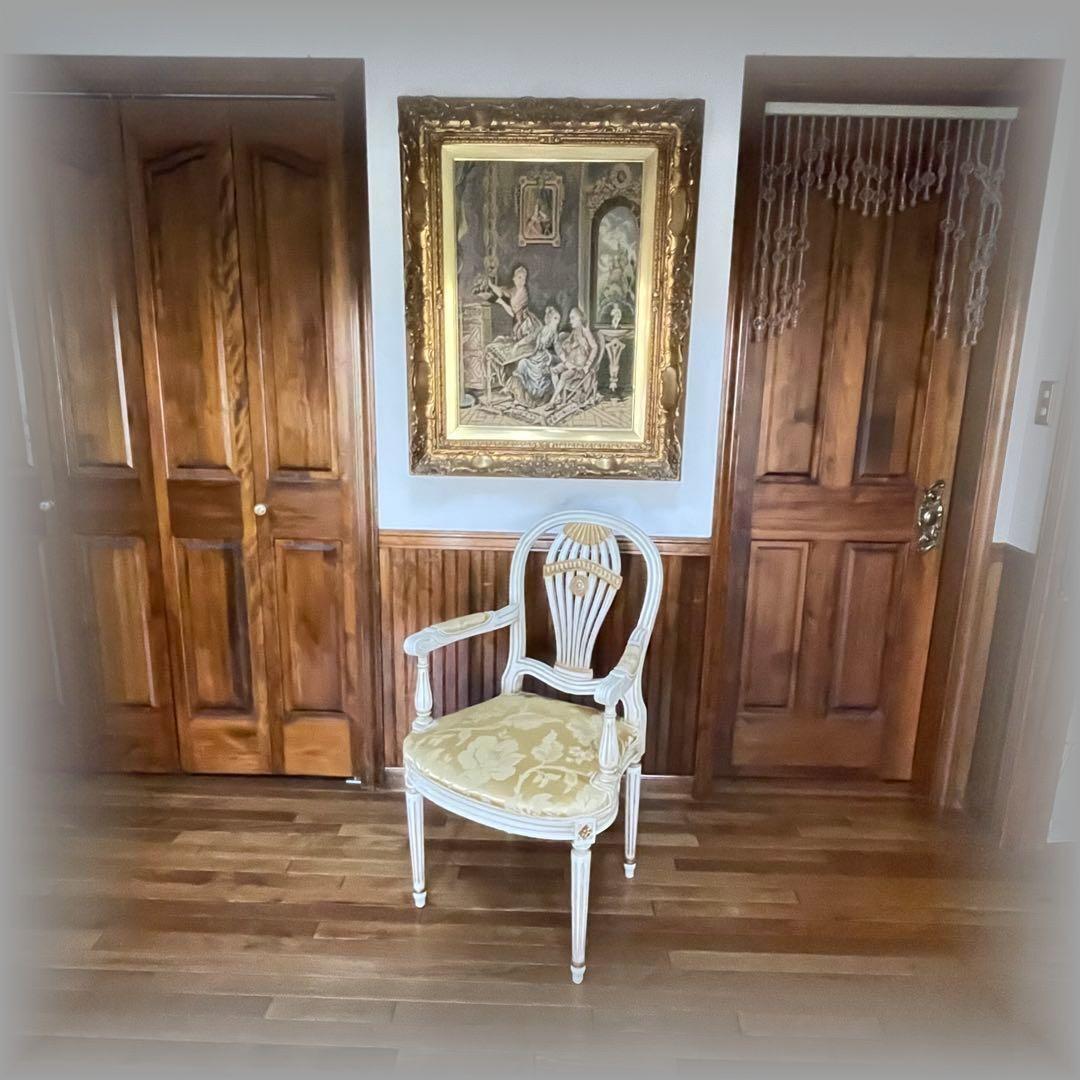 フランスアンティーク ロココ様式アームチェア☆ゴールド薔薇柄ファブリック 張替済