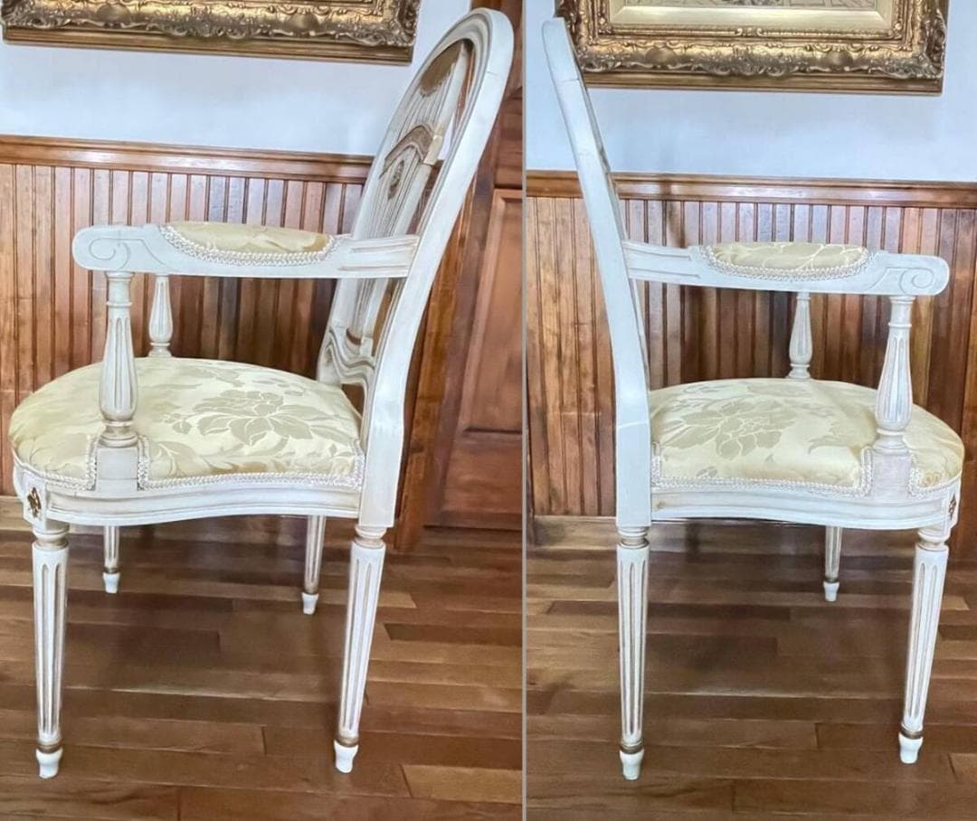 フランスアンティーク ロココ様式アームチェア☆ゴールド薔薇柄ファブリック 張替済