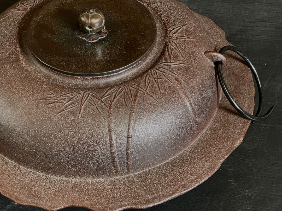 『母』 竹地紋 透木釜 釜師 高橋 敬典 共箱 釜鐶 炉釜 茶道具(212あ③)