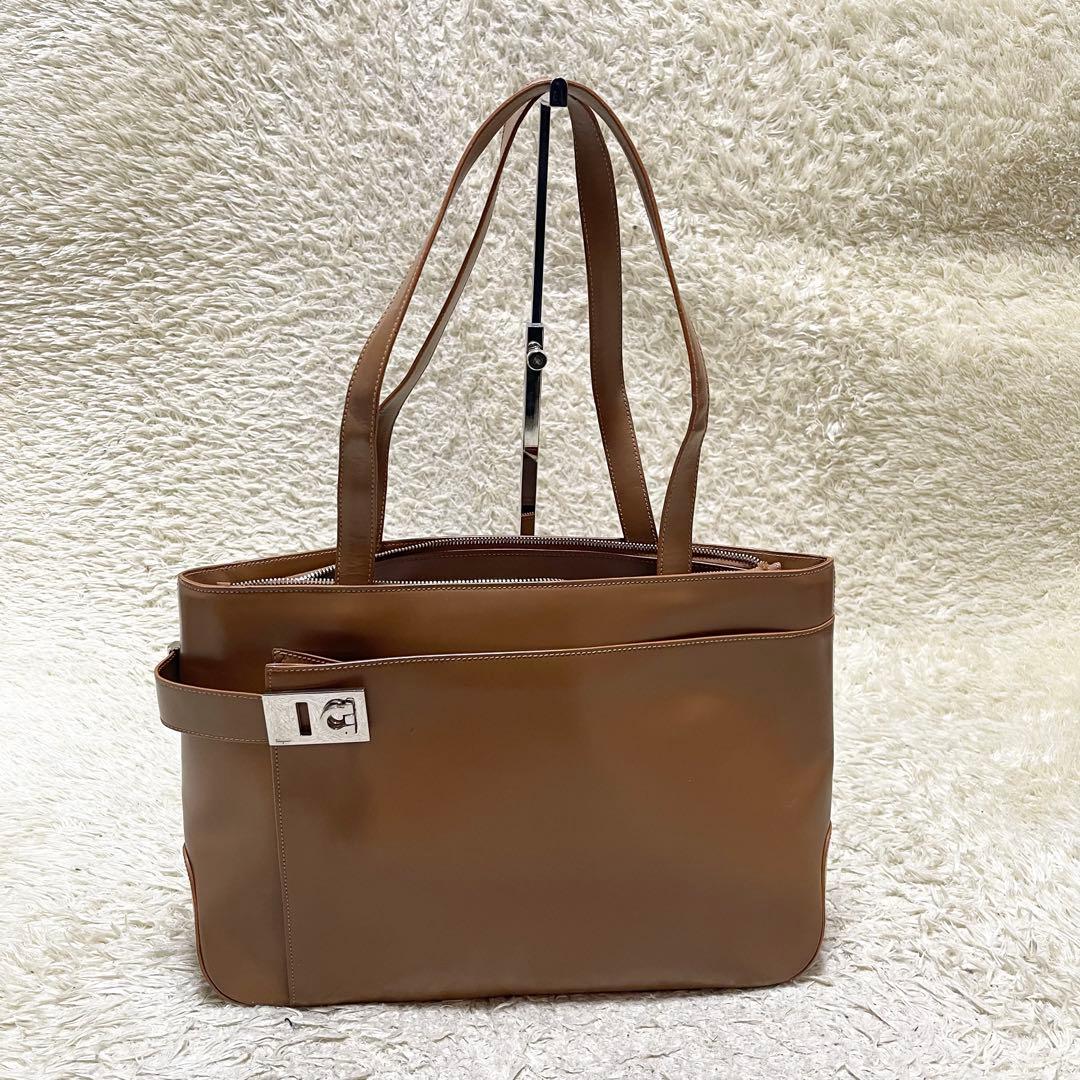 【大容量】フェラガモ　トートバッグ　レザー　茶　シルバー金具　ガンチーニ