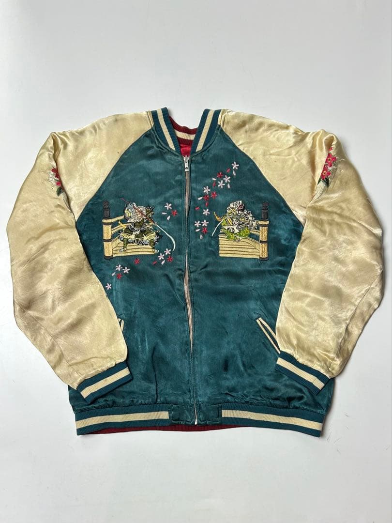 百花繚乱　スカジャン グリーン/レッド　鯉　刺繍　リバーシブル　XL