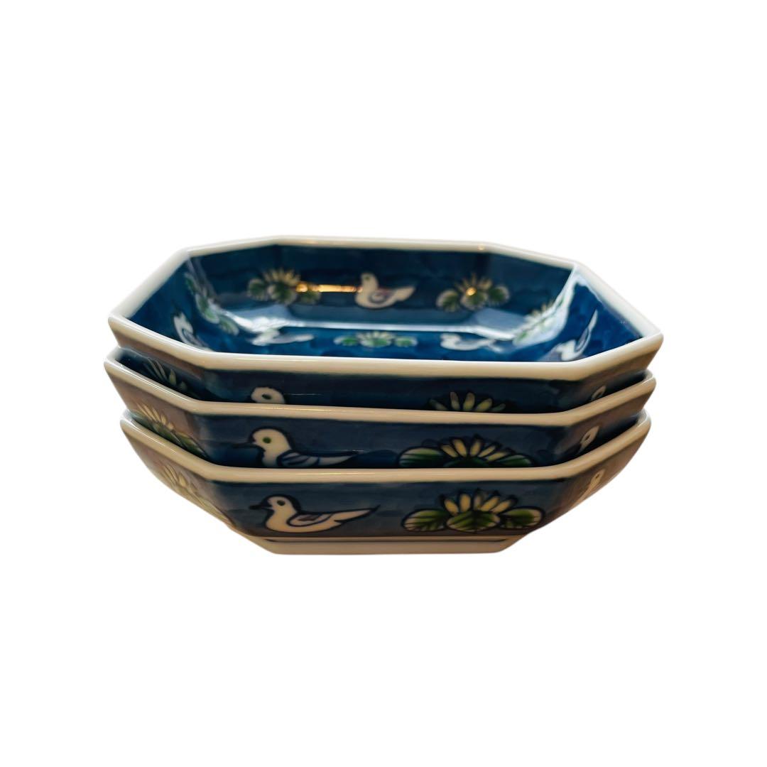 源右衛門窯 染錦水鳥図 銘々方皿 有田焼 小皿 取皿3枚セット