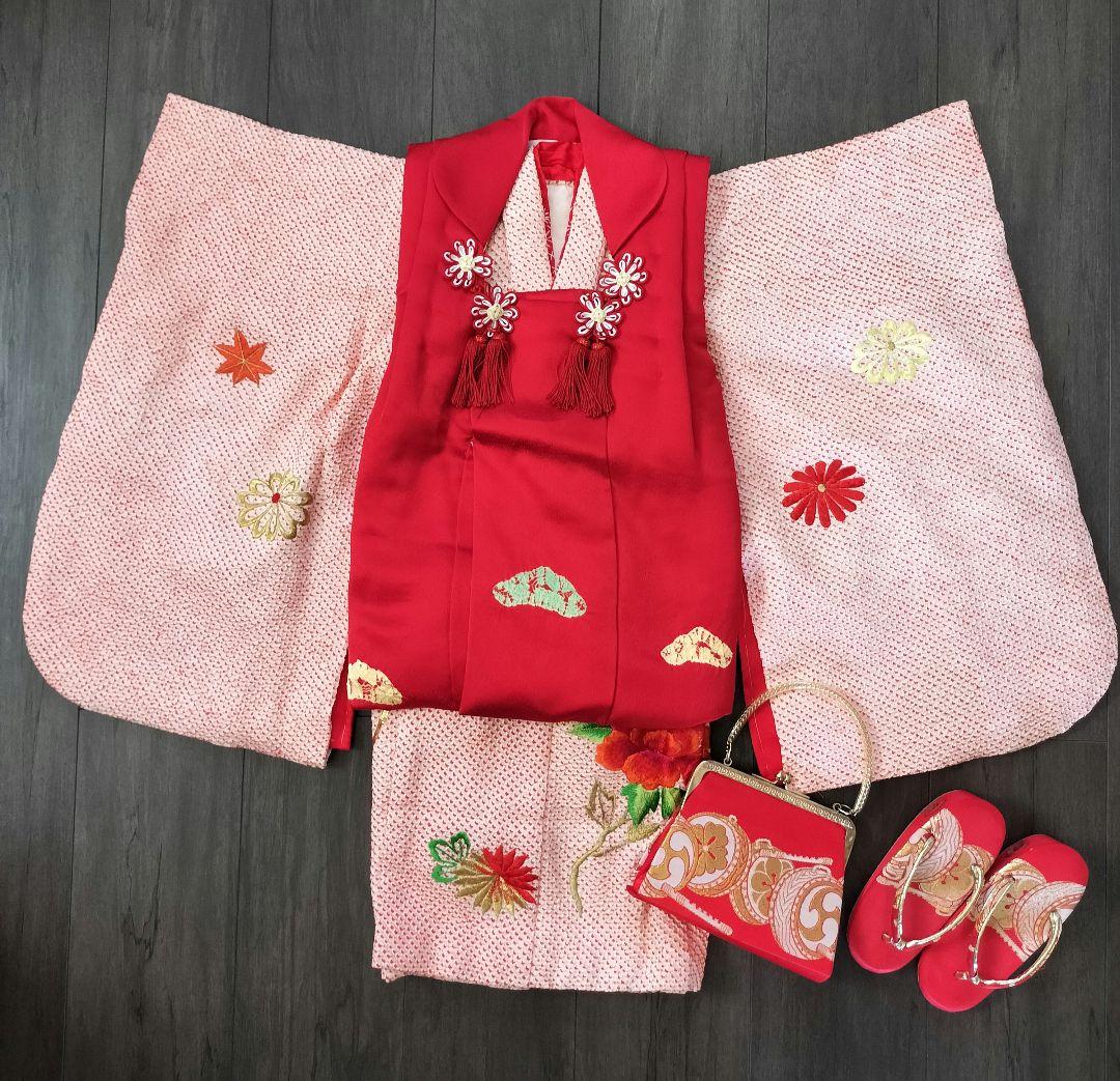 七五三 3歳 正絹 総絞り 着物 被布 草履　カバン　足袋　セット