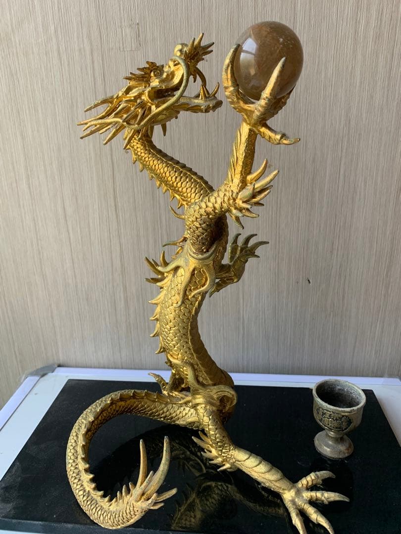 龍 置物 風水　金色　 ルチル球 水杯　 開運 金運 厄祓い 　インテリア