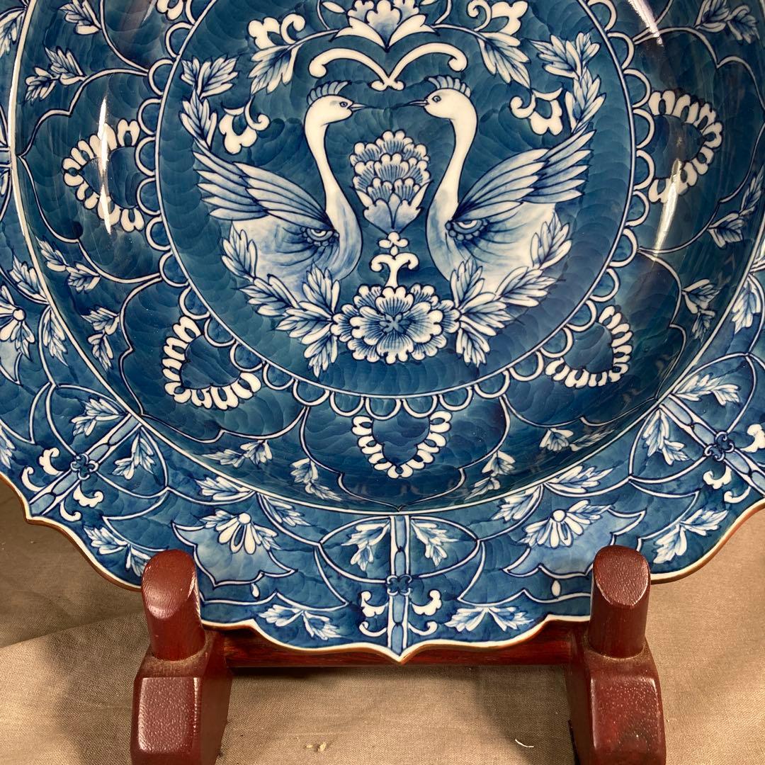 【源右衛門】古伊万里の伝統　日本名窯　舘林源右衛門作　染付濃双鳥文　特大花形深鉢