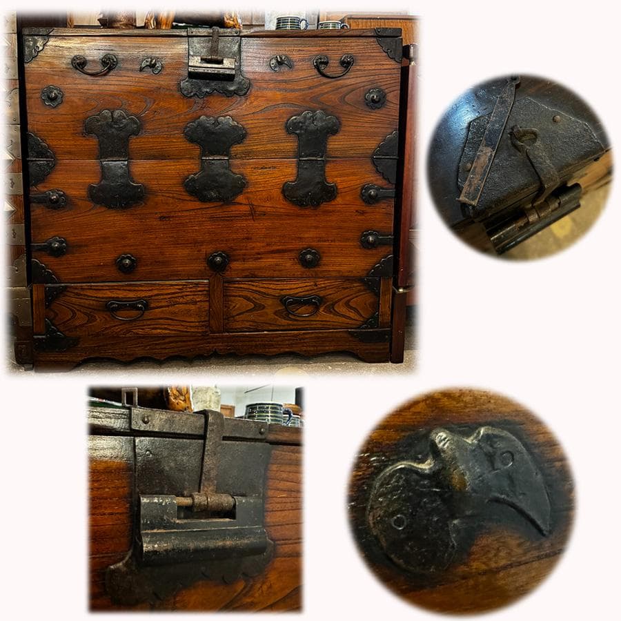 朝鮮古民藝 李朝家具 小ぶりなバンダジ 蝙蝠象嵌 李朝箪笥 無垢材 時代家具