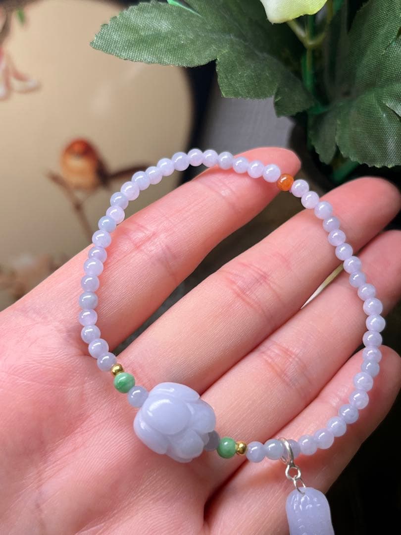 本翡翠　18kビーズ入り、ラベンダー双頭蓮花ブレスレット＆ミニ落花生チャーム付き