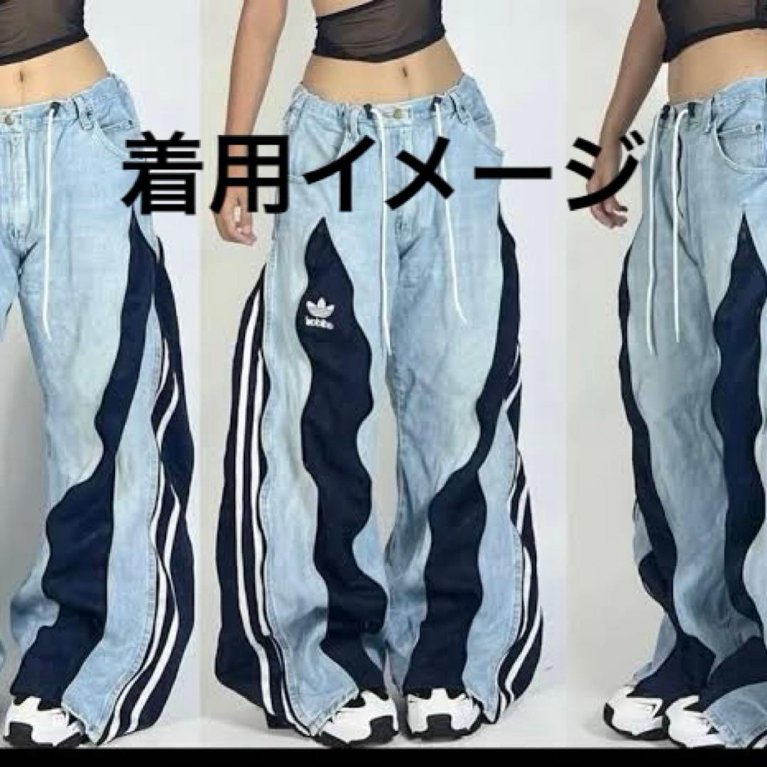 アディダス　adidas ワイド　デニムパンツ　フレア　リメイク　バギー　白