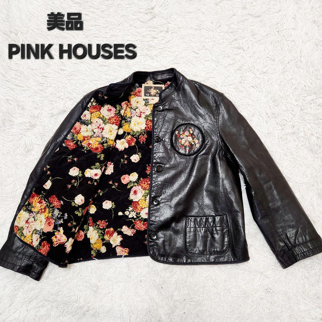 【美品】PINK HOUSES バックロゴ 花柄刺繍ワッペン レザージャケット黒