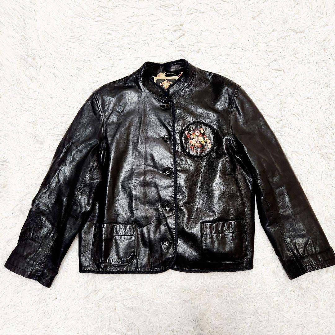 【美品】PINK HOUSES バックロゴ 花柄刺繍ワッペン レザージャケット黒