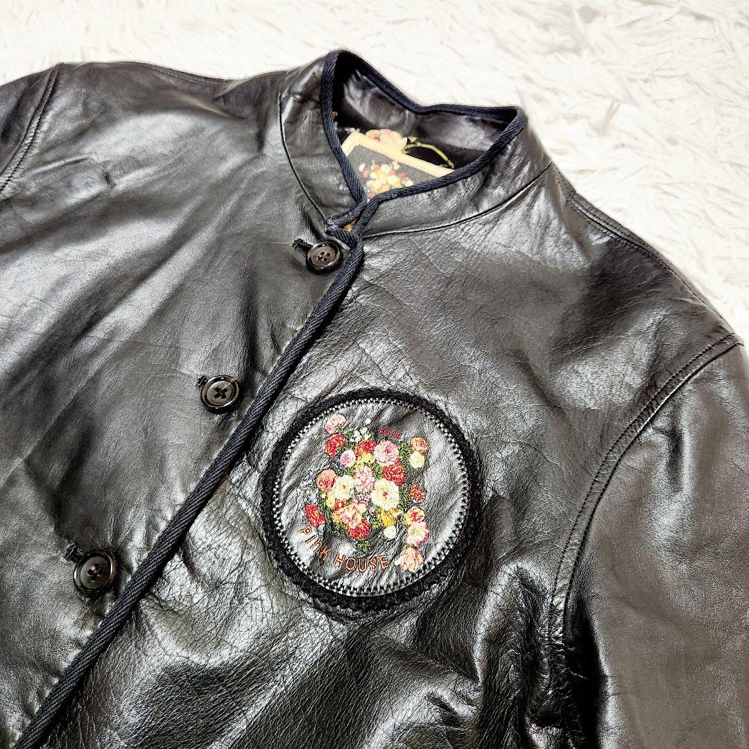 【美品】PINK HOUSES バックロゴ 花柄刺繍ワッペン レザージャケット黒
