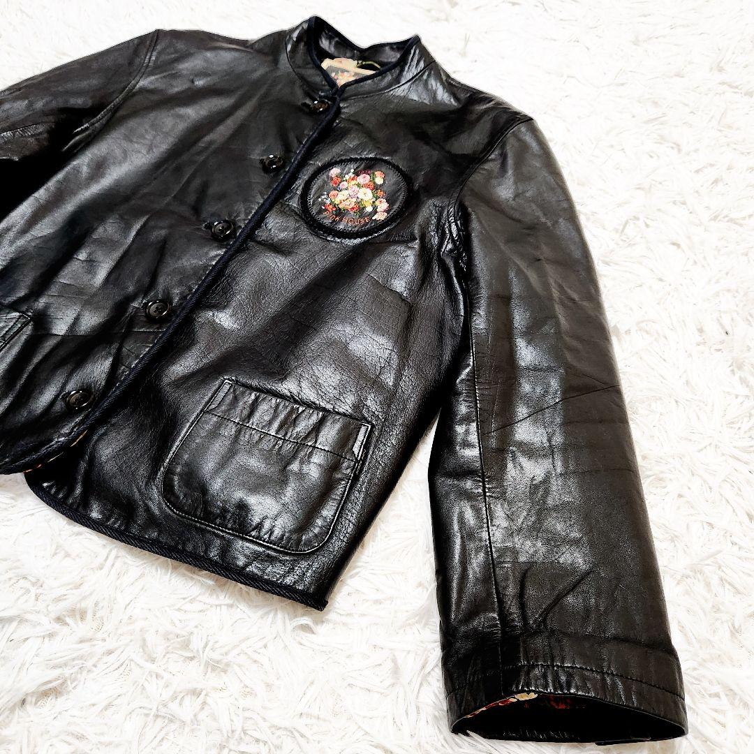 【美品】PINK HOUSES バックロゴ 花柄刺繍ワッペン レザージャケット黒