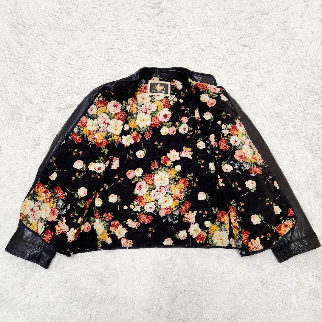 【美品】PINK HOUSES バックロゴ 花柄刺繍ワッペン レザージャケット黒