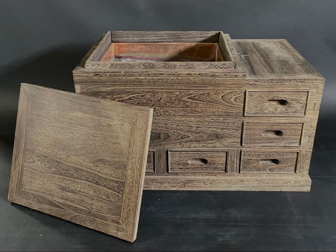 【美品】「母」 総桐 江戸火鉢 長火鉢 焼杉 無垢材 五杯 引出し （Fお）