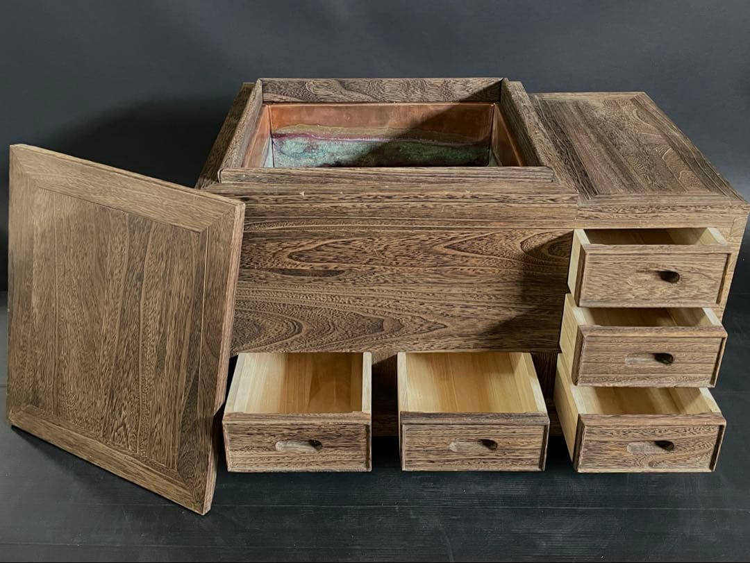 【美品】「母」 総桐 江戸火鉢 長火鉢 焼杉 無垢材 五杯 引出し （Fお）