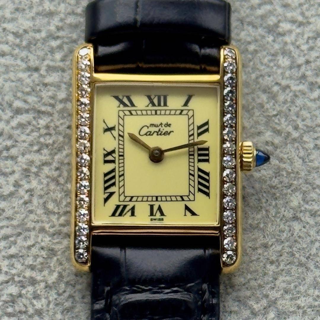 新品仕上 カルティエ プレマストタンクSM ダイヤベゼル 手巻 時計