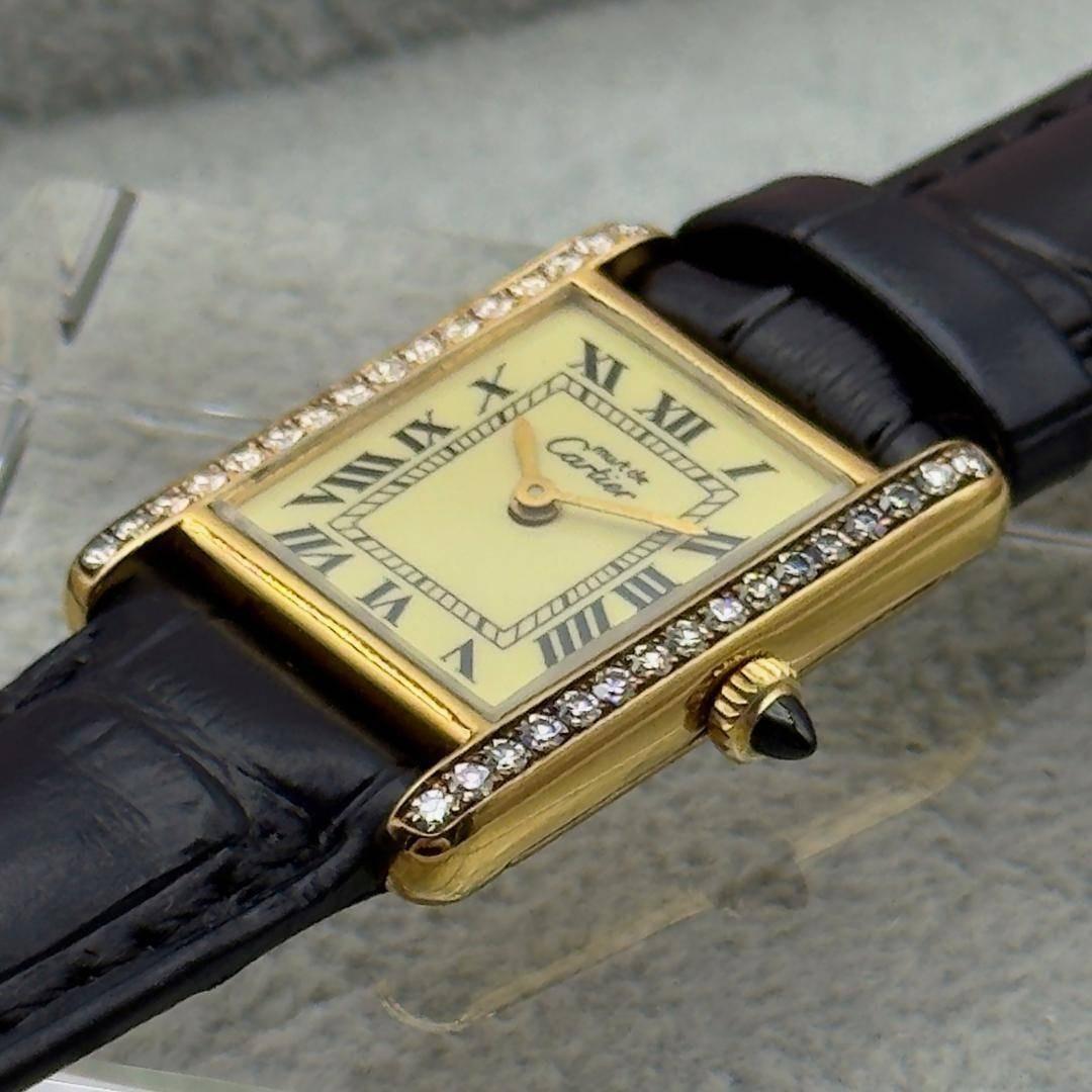 新品仕上 カルティエ プレマストタンクSM ダイヤベゼル 手巻 時計