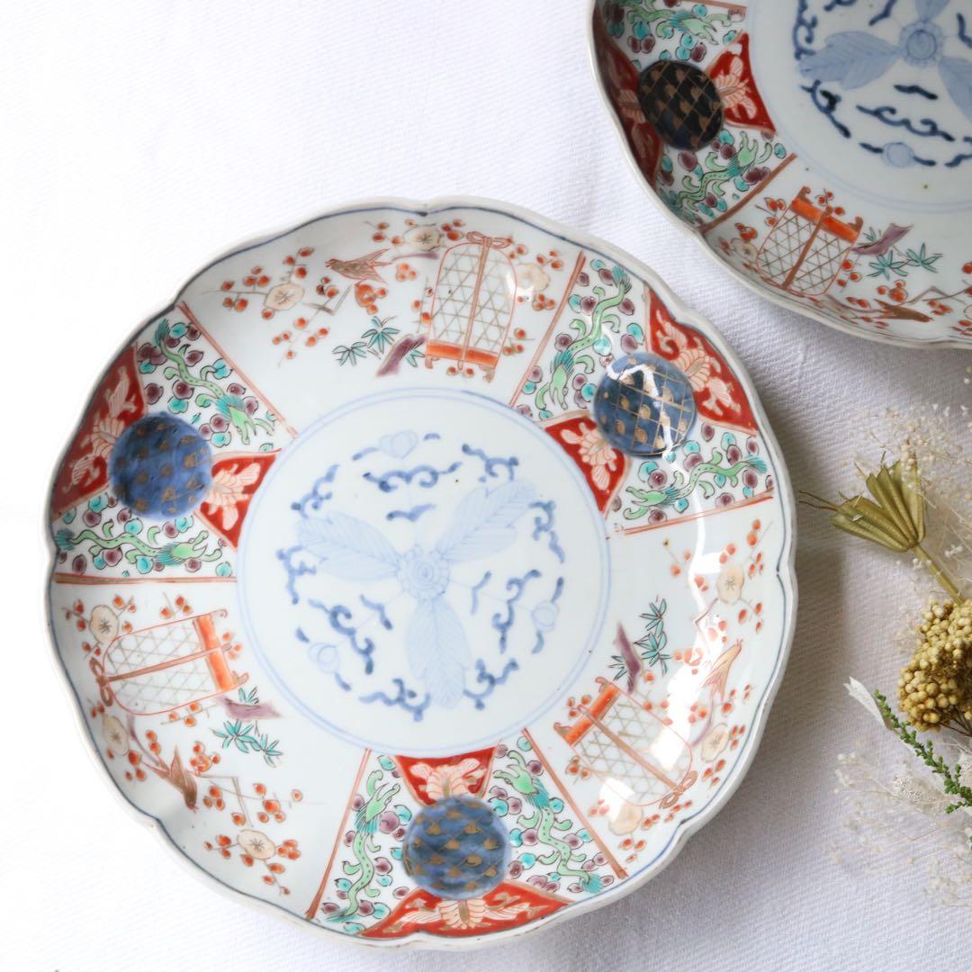 時代色絵伊万里　さわやかな赤絵に梅と鶯鳥籠図七寸皿プレート2枚 骨董古伊万里