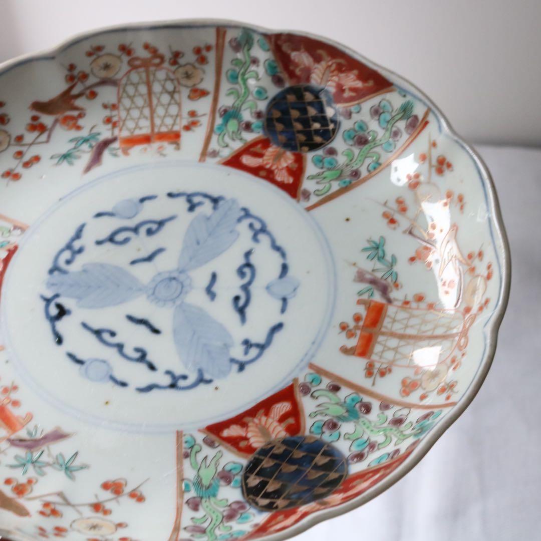 時代色絵伊万里　さわやかな赤絵に梅と鶯鳥籠図七寸皿プレート2枚 骨董古伊万里