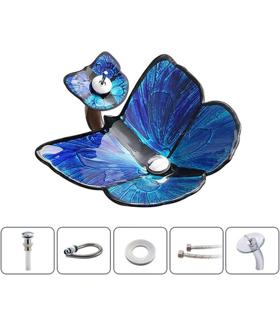 強化ガラス 洗面台蝶形シンク滝の蛇口付き バスルーム シンク バニティ シンク