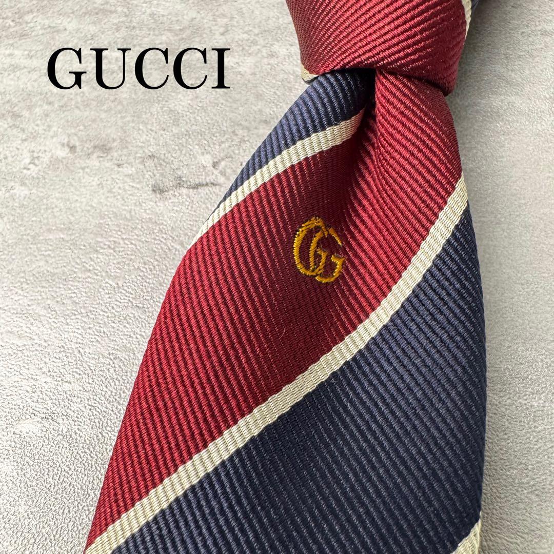 美品 GUCCI ジャガード マーモント BEE 蛇 ストライプ ネクタイ 紺赤