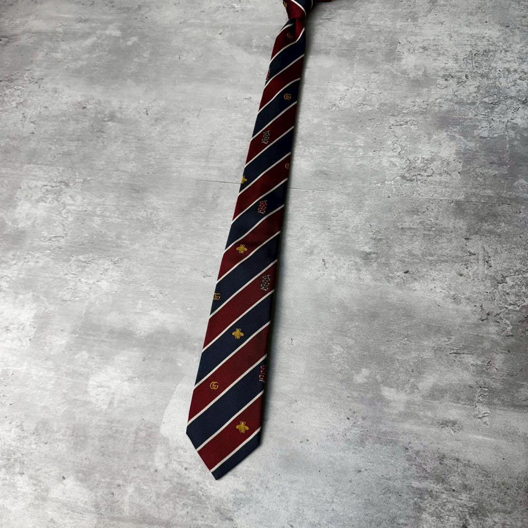 美品 GUCCI ジャガード マーモント BEE 蛇 ストライプ ネクタイ 紺赤