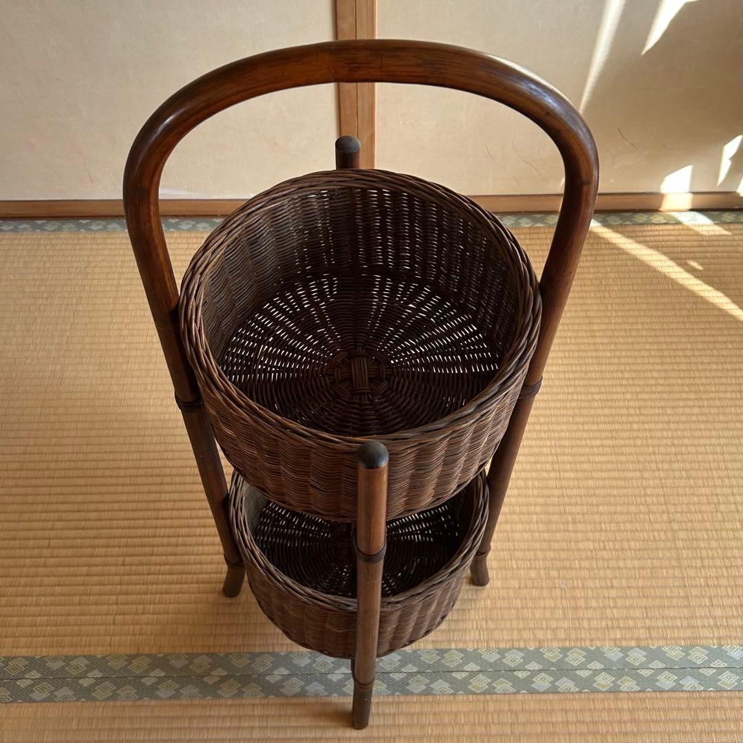 2段バスケット　かご　ラック　籐　木製