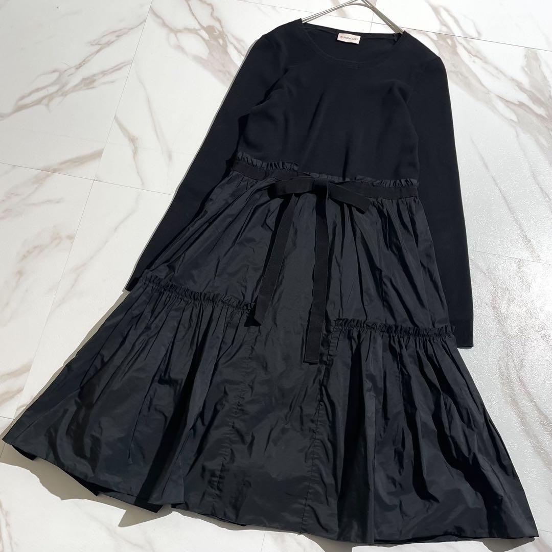 【美品/XS】モンクレール フリル ニット ワンピース リボンベルト 黒