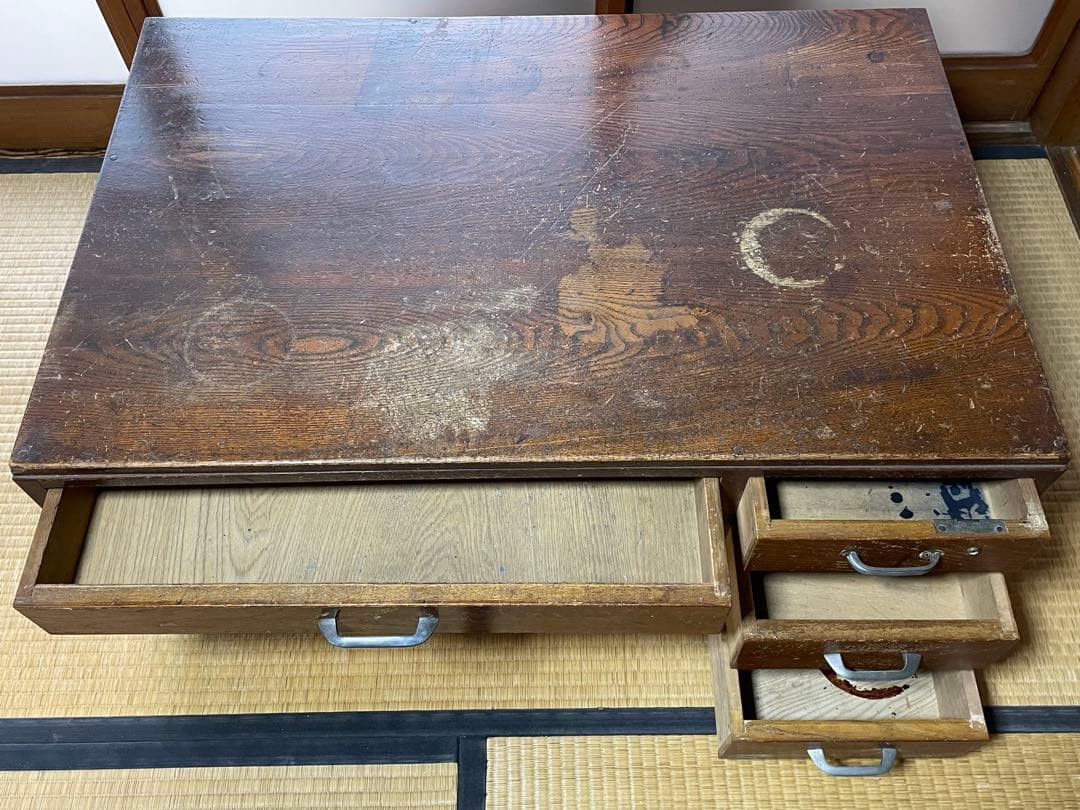 昭和レトロ 古家具 木製文机 4引き出し付き座卓 書斎机 ビンテージ