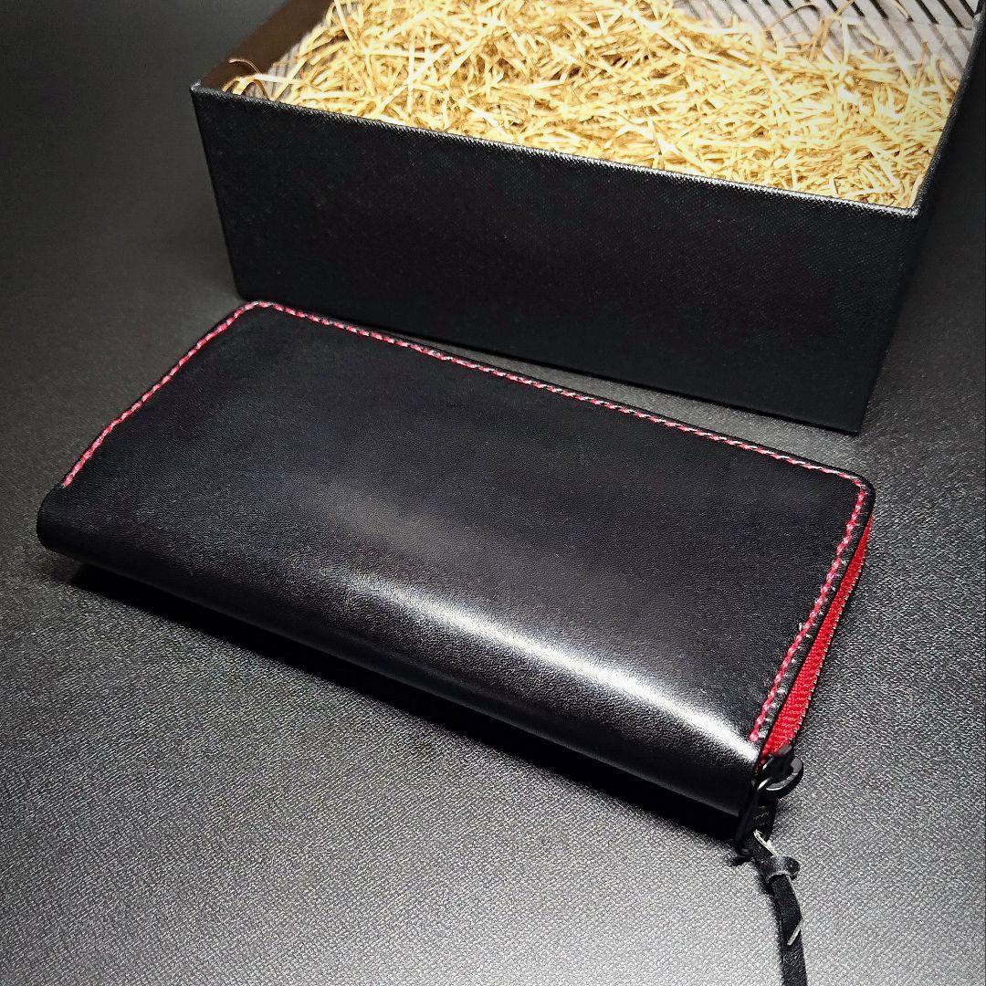 手縫い 長財布 ラウンドファスナーウォレット ブラック レッド 栃木レザー