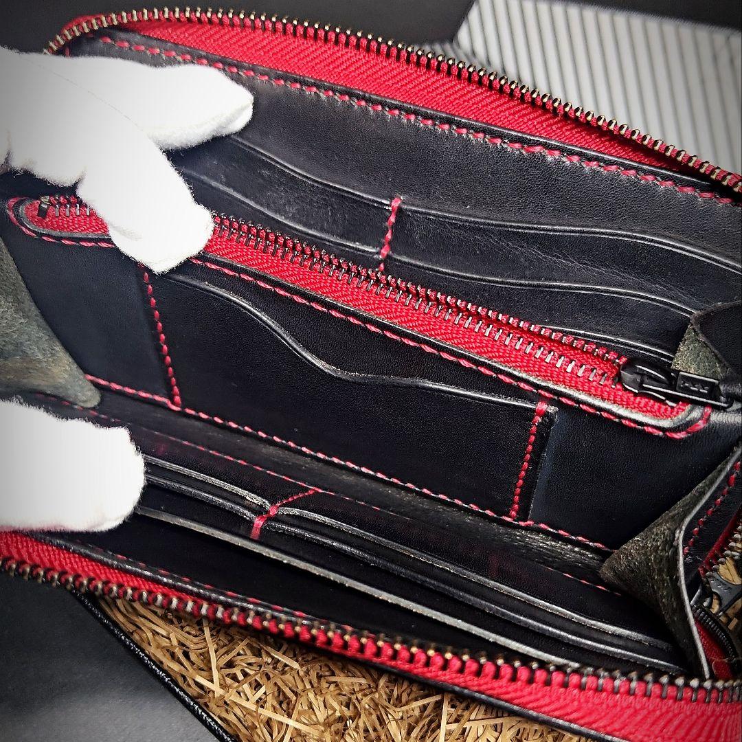手縫い 長財布 ラウンドファスナーウォレット ブラック レッド 栃木レザー