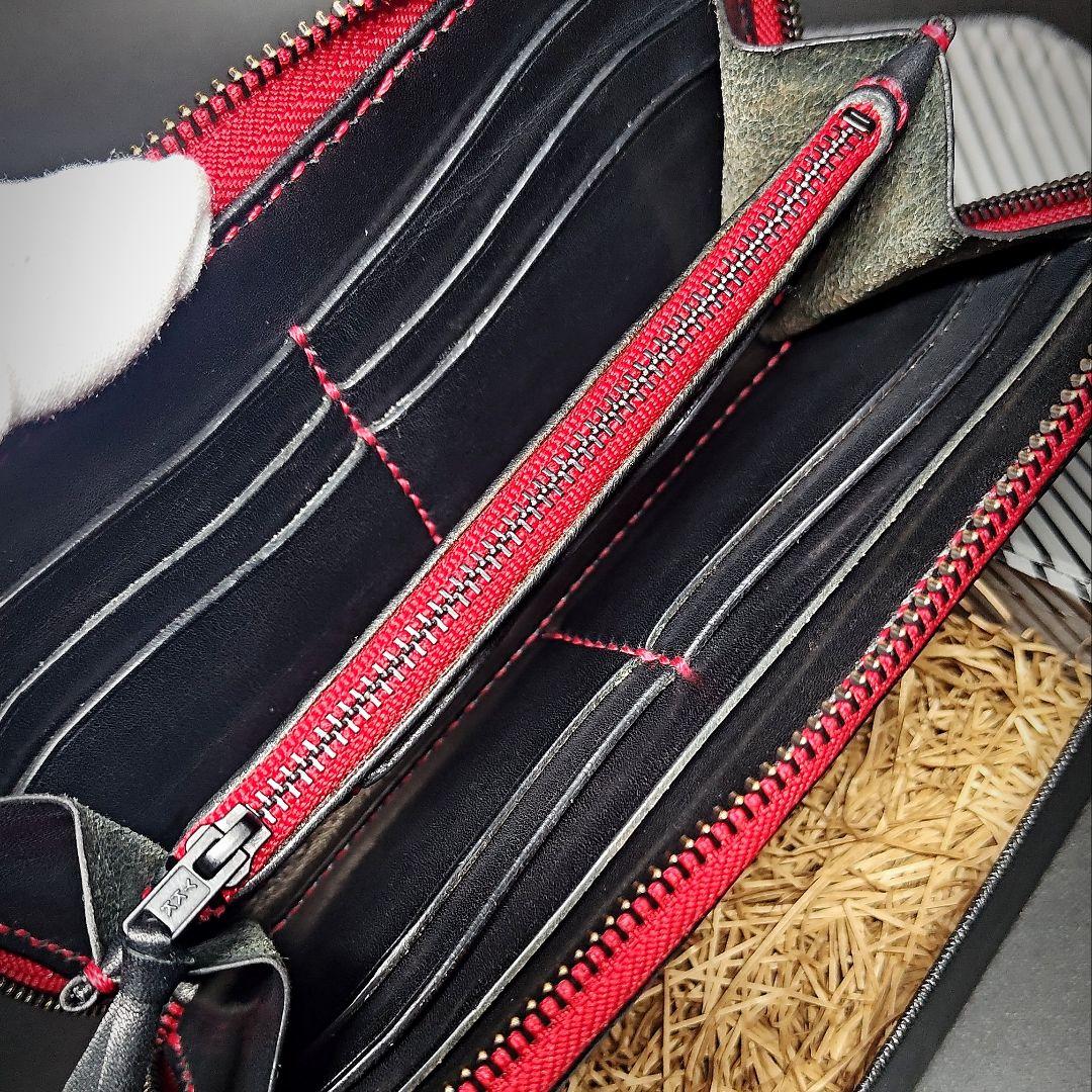 手縫い 長財布 ラウンドファスナーウォレット ブラック レッド 栃木レザー