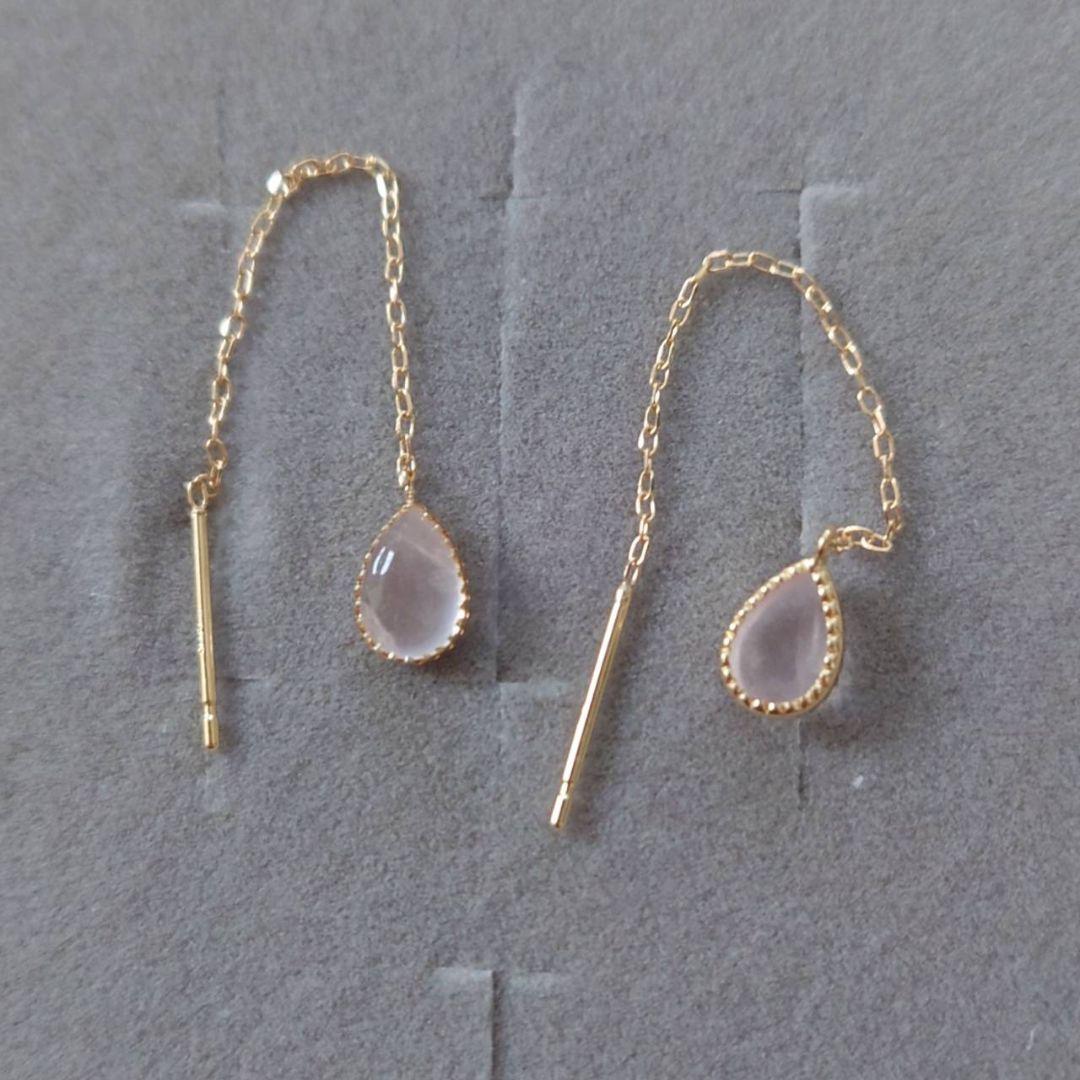 未使用　ローズクォーツ　アメリカンピアス　K18　イエローゴールド