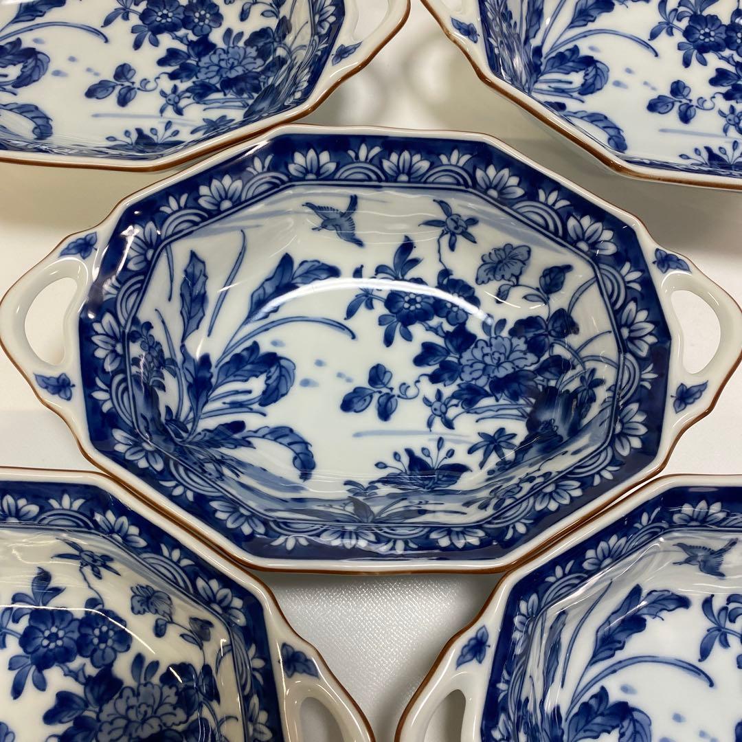 前畑陶器　染付け　グラタン皿　5枚　八角　花鳥　手付き　ボウル　皿　鉢　和柄