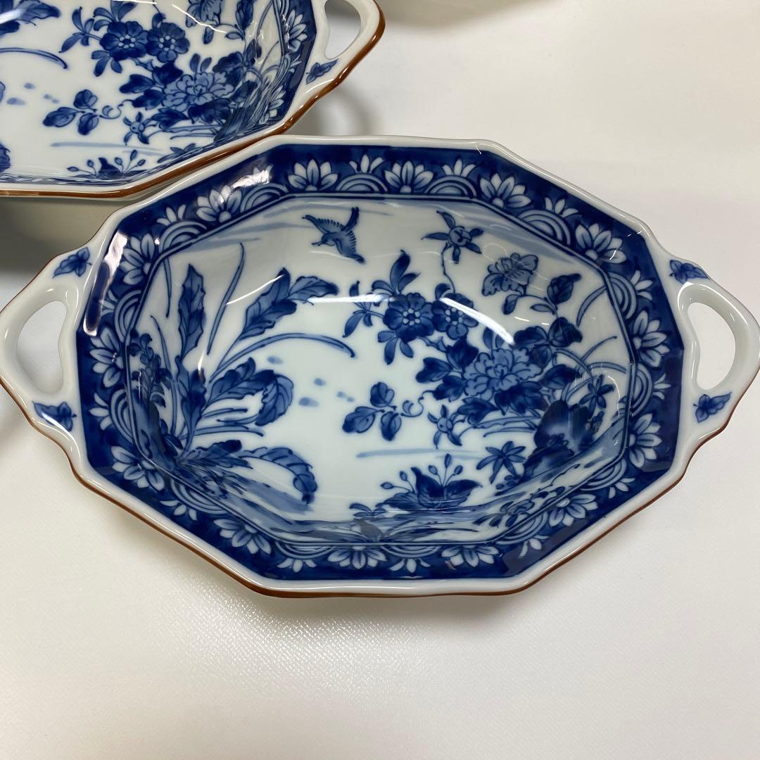 前畑陶器　染付け　グラタン皿　5枚　八角　花鳥　手付き　ボウル　皿　鉢　和柄