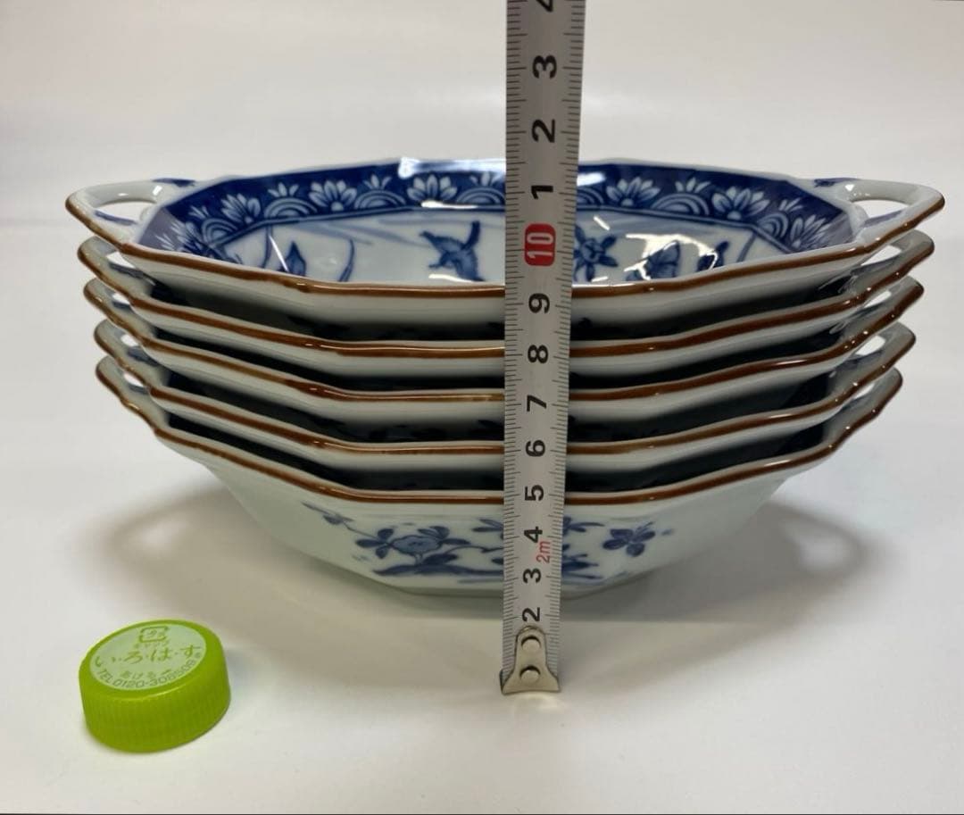 前畑陶器　染付け　グラタン皿　5枚　八角　花鳥　手付き　ボウル　皿　鉢　和柄