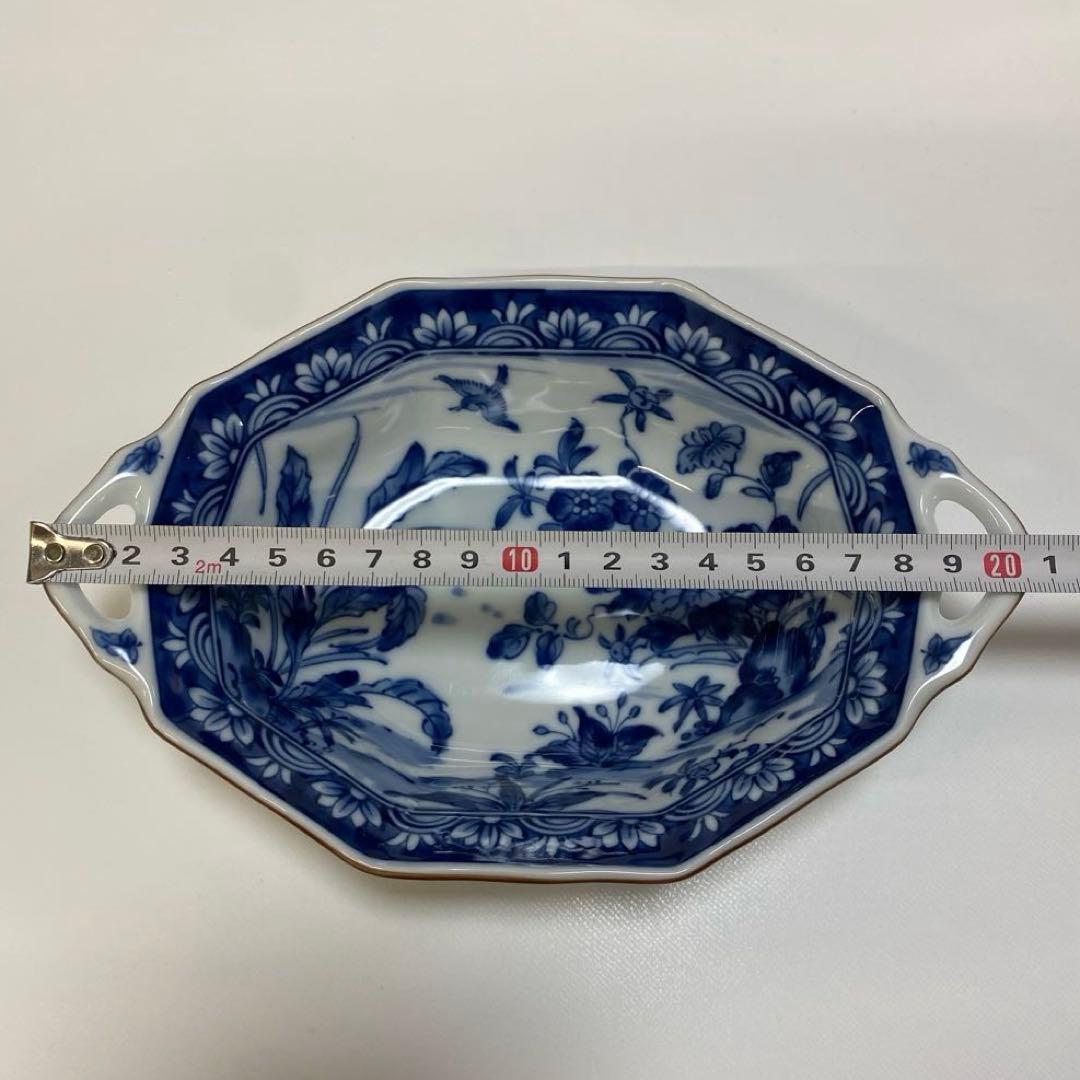 前畑陶器　染付け　グラタン皿　5枚　八角　花鳥　手付き　ボウル　皿　鉢　和柄