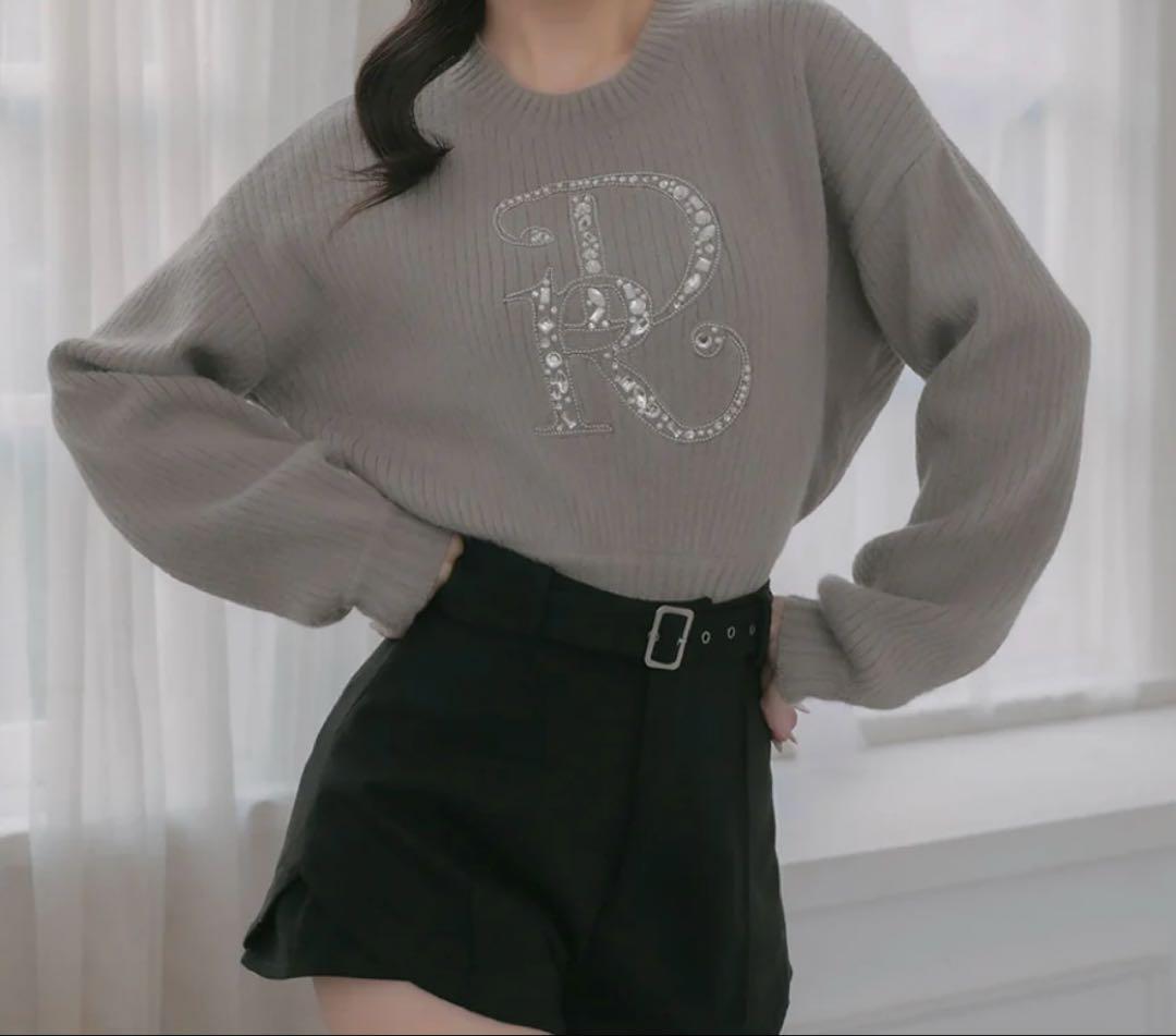 Darich ダーリッチ　DRビジューボリュームリブニットトップス　グレー