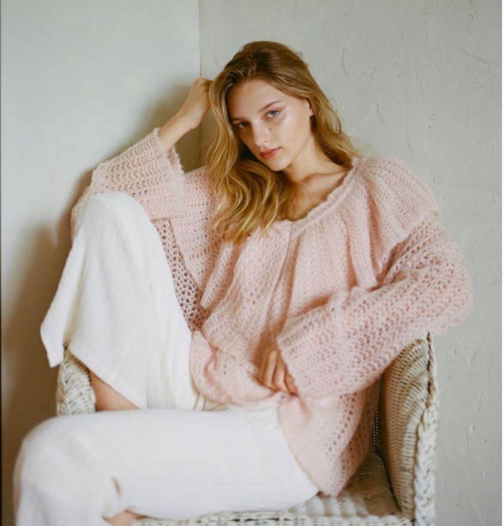 【極美品】HONEY MI HONEY フリルカラークロシェニット　ピンク