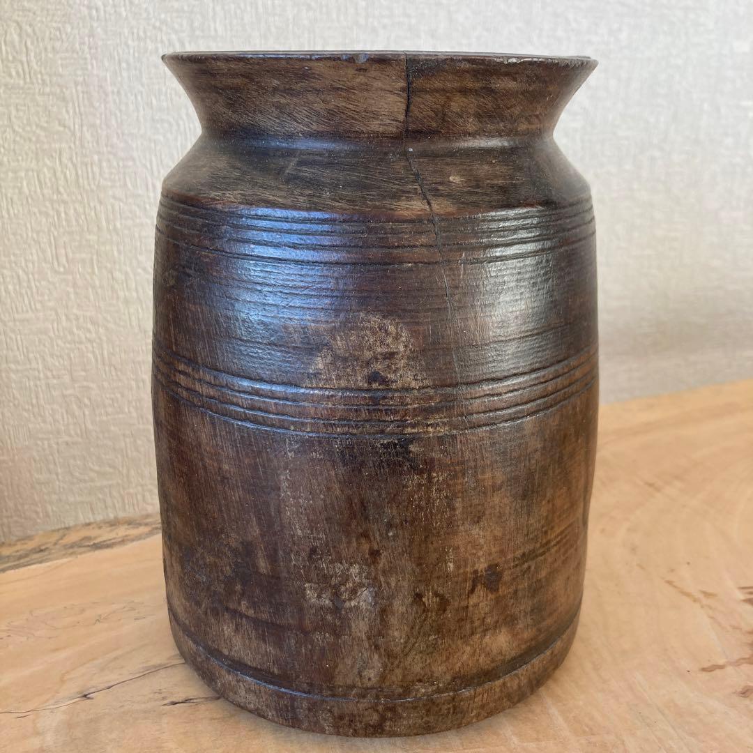 インド　木製のポットC　木工品　古道具坂田　古物　骨董　フラワーベース　花瓶