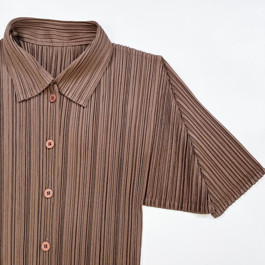 極美品 イッセイミヤケ プリーツプリーズ 半袖 ブラウス シャツ 3 L 茶